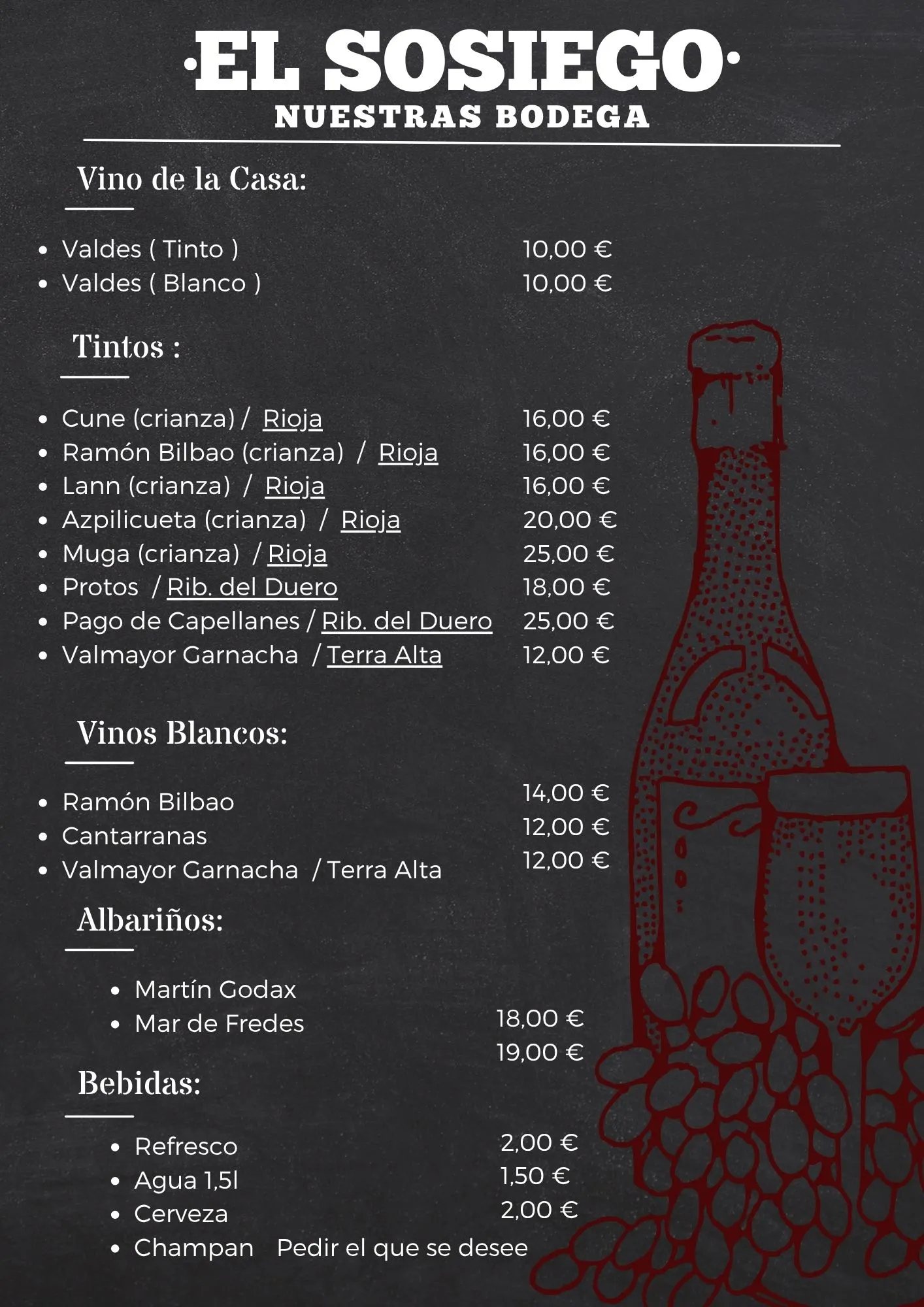 Carta de vinos El Sosiego