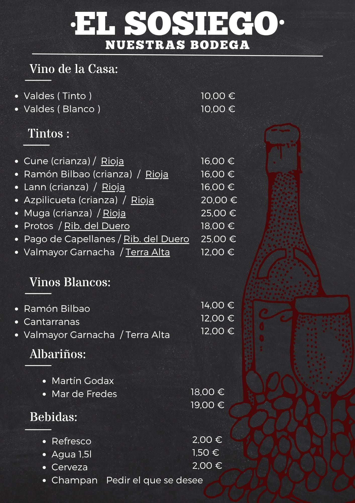 Carta de vinos El Sosiego